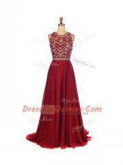 Stylish Brush Train Empire Dress for Prom Wine Red Scoop Chiffon Sleeveless Criss Cross