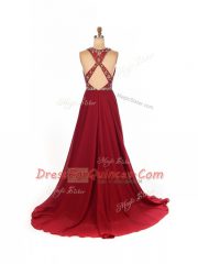 Stylish Brush Train Empire Dress for Prom Wine Red Scoop Chiffon Sleeveless Criss Cross