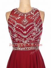 Stylish Brush Train Empire Dress for Prom Wine Red Scoop Chiffon Sleeveless Criss Cross