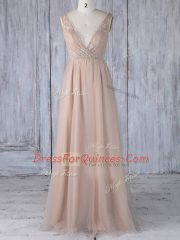 Peach V-neck Zipper Lace Quinceanera Dama Dress Sleeveless