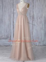 Peach V-neck Zipper Lace Quinceanera Dama Dress Sleeveless