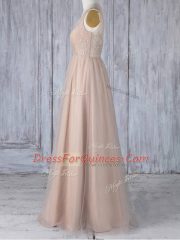 Peach V-neck Zipper Lace Quinceanera Dama Dress Sleeveless