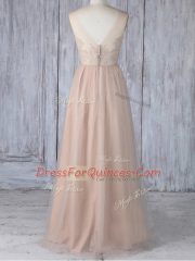 Peach V-neck Zipper Lace Quinceanera Dama Dress Sleeveless