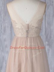 Peach V-neck Zipper Lace Quinceanera Dama Dress Sleeveless