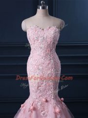 Baby Pink Sweetheart Lace Up Appliques and Hand Made Flower Prom Party Dress Brush Train Sleeveless
