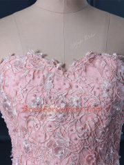 Baby Pink Sweetheart Lace Up Appliques and Hand Made Flower Prom Party Dress Brush Train Sleeveless
