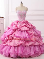 Organza and Taffeta Sleeveless Floor Length Quince Ball Gowns and Beading and Ruffles and Pick Ups
