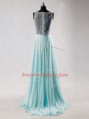 Aqua Blue Chiffon Zipper Prom Party Dress Sleeveless Brush Train Beading