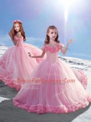 Baby Pink Ball Gowns Off The Shoulder Sleeveless Tulle Court Train Lace Up Hand Made Flower Kids Formal Wear
