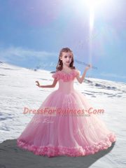 Baby Pink Ball Gowns Off The Shoulder Sleeveless Tulle Court Train Lace Up Hand Made Flower Kids Formal Wear