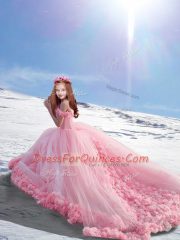 Baby Pink Ball Gowns Off The Shoulder Sleeveless Tulle Court Train Lace Up Hand Made Flower Kids Formal Wear