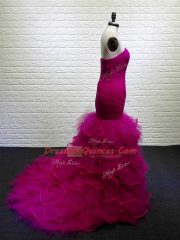 Beautiful Mermaid Sleeveless Fuchsia Homecoming Dress Brush Train Lace Up