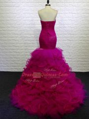 Beautiful Mermaid Sleeveless Fuchsia Homecoming Dress Brush Train Lace Up