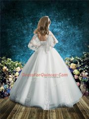 Noble White Lace Up Flower Girl Dress Lace Half Sleeves Floor Length