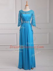 Floor Length Empire 3 4 Length Sleeve Baby Blue Dress for Prom Zipper