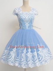 Light Blue Zipper Square Lace Dama Dress for Quinceanera Tulle Cap Sleeves