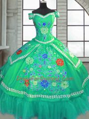 Green Taffeta Lace Up 15th Birthday Dress Short Sleeves Floor Length Beading and Embroidery
