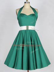 Belt Quinceanera Court of Honor Dress Dark Green Lace Up Sleeveless Knee Length