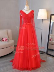 Dramatic Lace and Belt Prom Party Dress Red Lace Up Sleeveless Floor Length
