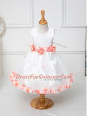 Fancy White Tulle Zipper Scoop Sleeveless Knee Length Flower Girl Dress Appliques and Hand Made Flower