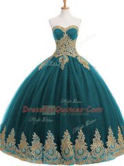 Extravagant Teal Ball Gowns Tulle Sweetheart Sleeveless Appliques Floor Length Lace Up Quinceanera Gowns