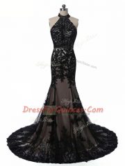 Black Dress for Prom Prom and Party and Military Ball with Lace and Appliques Halter Top Sleeveless Brush Train Backless