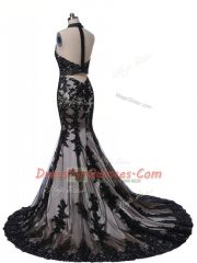 Black Dress for Prom Prom and Party and Military Ball with Lace and Appliques Halter Top Sleeveless Brush Train Backless