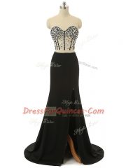 Elegant Black Prom Dress Prom and Party with Beading Sweetheart Sleeveless Brush Train Zipper