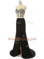 Elegant Black Prom Dress Prom and Party with Beading Sweetheart Sleeveless Brush Train Zipper