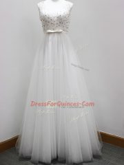 Customized White Tulle Zipper Damas Dress Sleeveless Brush Train Beading and Belt