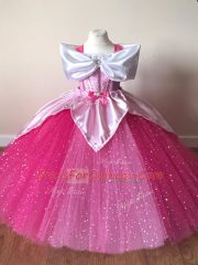 Fuchsia Short Sleeves Tulle Zipper Pageant Gowns For Girls for Wedding Party