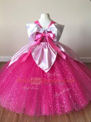 Fuchsia Short Sleeves Tulle Zipper Pageant Gowns For Girls for Wedding Party