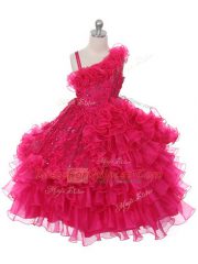 Hot Pink Asymmetric Neckline Lace and Ruffles and Ruffled Layers Kids Formal Wear Sleeveless Lace Up