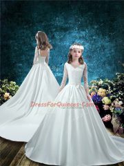 Top Selling White 3 4 Length Sleeve Court Train Lace and Bowknot Flower Girl Dress
