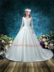 Top Selling White 3 4 Length Sleeve Court Train Lace and Bowknot Flower Girl Dress