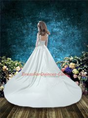 Top Selling White 3 4 Length Sleeve Court Train Lace and Bowknot Flower Girl Dress