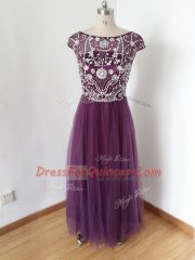 Eggplant Purple Zipper Evening Dress Beading Short Sleeves