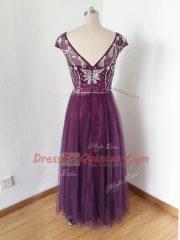 Eggplant Purple Zipper Evening Dress Beading Short Sleeves