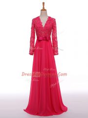 Dynamic Hot Pink Zipper Evening Dress Lace and Appliques and Belt Long Sleeves Floor Length