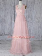 Super V-neck Sleeveless Court Dresses for Sweet 16 Floor Length Lace Baby Pink Tulle