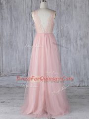 Super V-neck Sleeveless Court Dresses for Sweet 16 Floor Length Lace Baby Pink Tulle