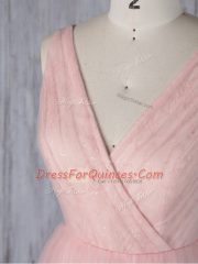 Super V-neck Sleeveless Court Dresses for Sweet 16 Floor Length Lace Baby Pink Tulle