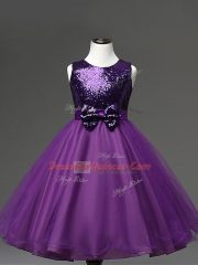 Beauteous Purple Zipper Little Girl Pageant Dress Sequins and Bowknot Sleeveless Tea Length