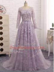 Brush Train A-line Prom Evening Gown Lavender Scoop Tulle Sleeveless Zipper