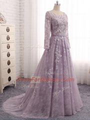 Brush Train A-line Prom Evening Gown Lavender Scoop Tulle Sleeveless Zipper