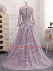 Brush Train A-line Prom Evening Gown Lavender Scoop Tulle Sleeveless Zipper