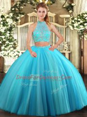 Sleeveless Floor Length Beading Criss Cross Quinceanera Dresses with Aqua Blue