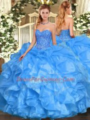 Pretty Floor Length Lace Up Quinceanera Gowns Baby Blue for Military Ball and Sweet 16 and Quinceanera with Beading and Ruffles