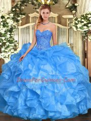 Pretty Floor Length Lace Up Quinceanera Gowns Baby Blue for Military Ball and Sweet 16 and Quinceanera with Beading and Ruffles