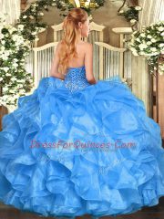 Pretty Floor Length Lace Up Quinceanera Gowns Baby Blue for Military Ball and Sweet 16 and Quinceanera with Beading and Ruffles
